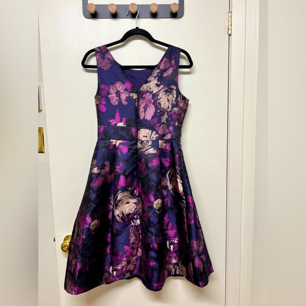 Eliza J V-Neck Purple and Gold Floral Midi Dress